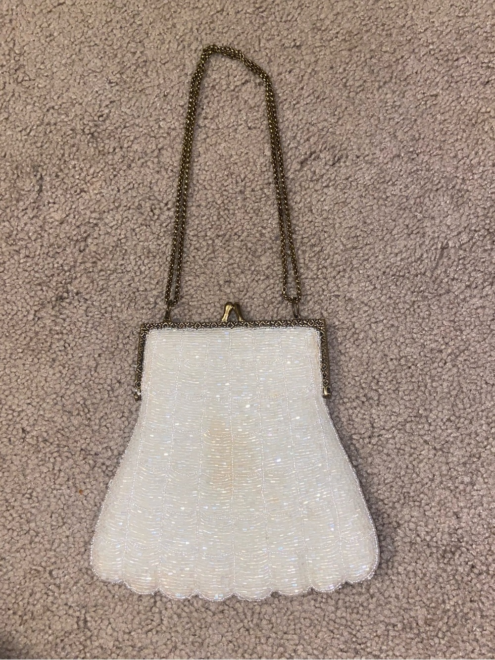 Vintage White Beaded Evening Bag with Gold Chain